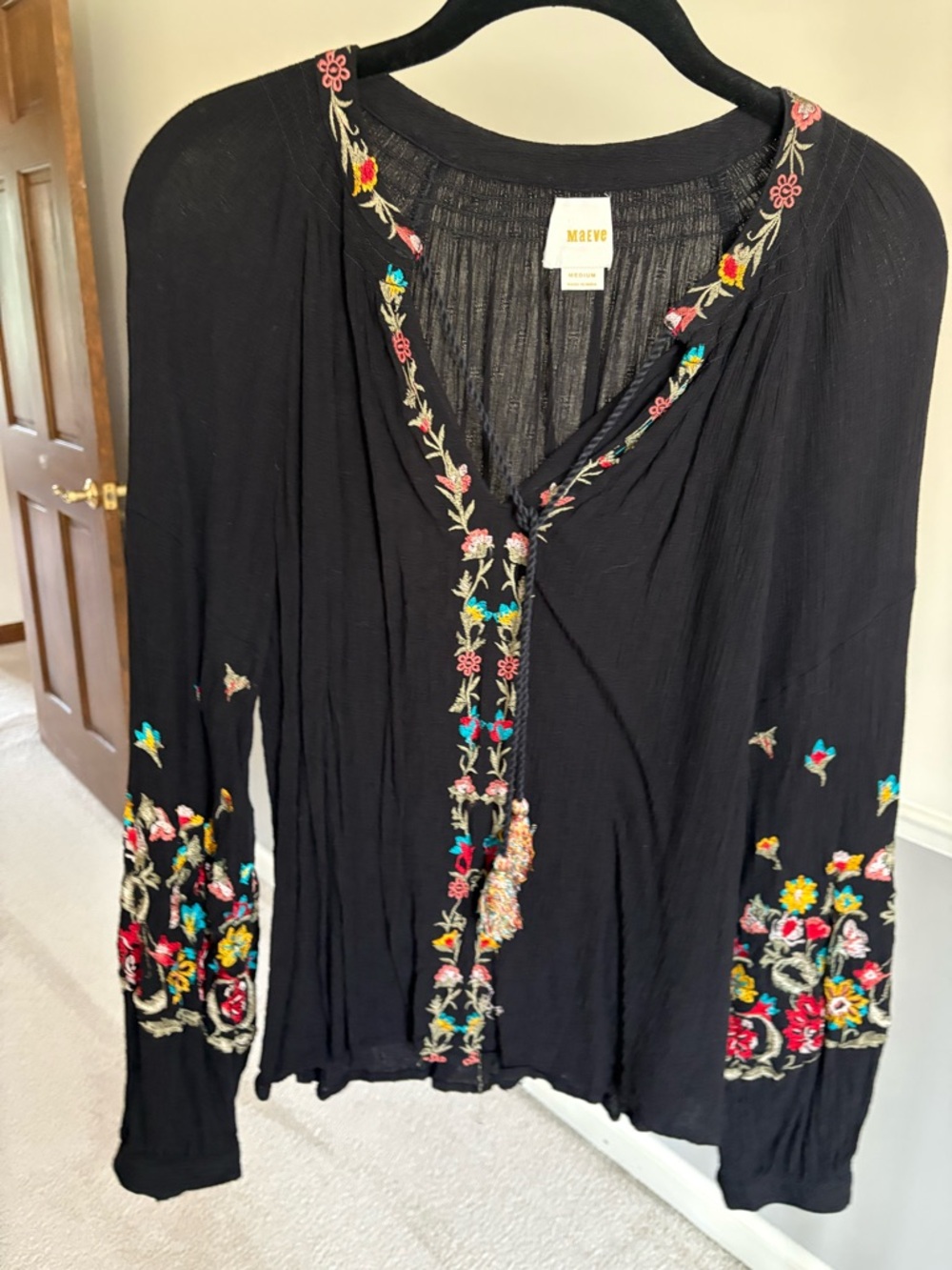 Maeve Black Floral Embroidered V-Neck Tunic Top